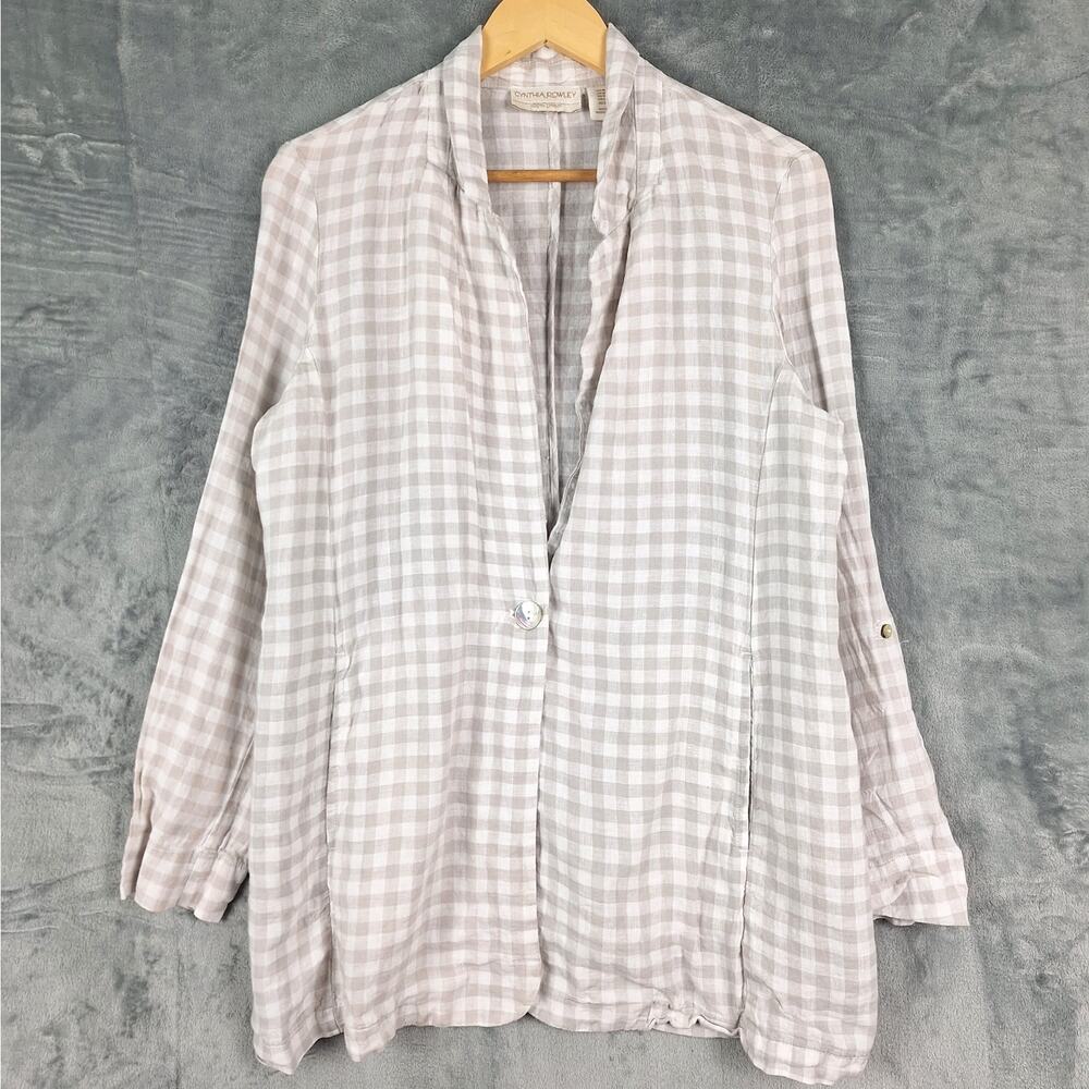 Womens Blazer Medium Linen Gingham Plaid Preppy Business Casual Coastal Slouchy